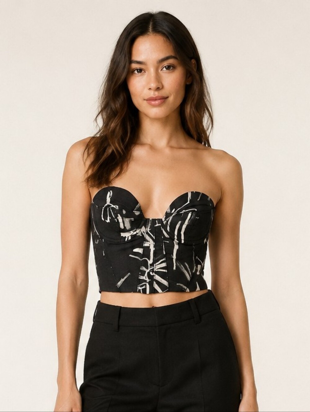 Zara Black White Abstract Print Corset Bustier Top XS